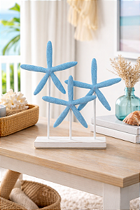 Enfeite Decorativo Pedestal Trio de Estrelas Azul em Resina