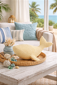 Enfeite Baleia Texturizada Bege Grande em Cerâmica