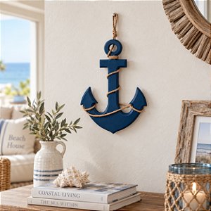 Enfeite Âncora Azul 30 cm com corda Decoração Náutica Praia