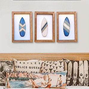 Kit 3 Quadros Prancha Azul Marinho Decoração de Parede Casa de Praia