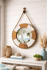 Espelho Bóia em Madeira com Corda Grande