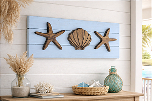 Quadro Decorativo Concha e Estrelas em Madeira Decoração Casa de Praia