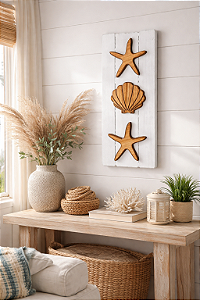 Quadro Decorativo Vertical Concha e Estrelas em Madeira Decoração Casa de Praia