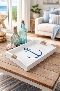 Bandeja Branca Âncora Azul em Madeira 35x25 cm Decoração Náutica Praia