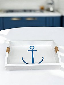 Bandeja Branca Âncora Azul em Madeira 35x25 cm Decoração Náutica Praia