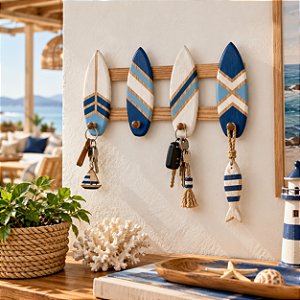 Porta Chaves e Cabideiro Prancha Azul Marinho 40 cm Decoração de Praia em madeira