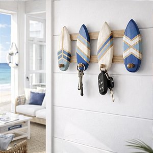 Porta Chaves e Cabideiro Prancha Azul Marinho 40 cm Decoração de Praia em madeira