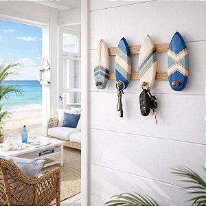 Porta Chaves e Cabideiro Prancha Azul Marinho 40 cm Decoração de Praia em madeira