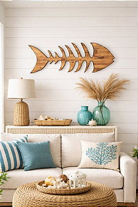Quadro Decorativo Espinha de Peixe Marrom 100 x 40 cm Decoração de Praia em madeira