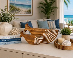 Baleias Decorativas de Mesa 2 Peças em Madeira Decoração Náutica Praia