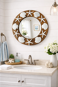 Espelho Marrom Conchas e Estrelas em Madeira