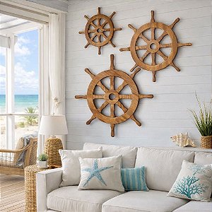 Kit 3 Enfeites Timão Leme Marrom Decoração Náutica de Parede