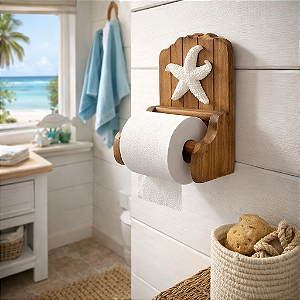 Porta Papel Higiênico Marrom com Estrela Branca Decoração Náutica