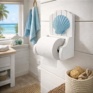 Porta Papel Higiênico Branco com Concha Azul Pastel Decoração Náutica