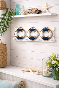 Cabideiro Náutico Bóias Azul Marinho Decoração Casa de Praia