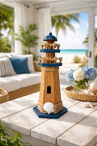 Farol Decorativo Azul Marinho em Madeira Enfeite Casa de Praia