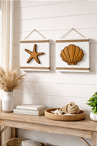 Kit 2 Placas Decorativas Concha e Estrela Decoração de Praia Náutica