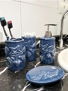 Kit de Banheiro de Cerâmica 4 Peças Conchas Azul Marinho Porta Sabonete Líquido /Saboneteira/Porta Escova/Porta algodão