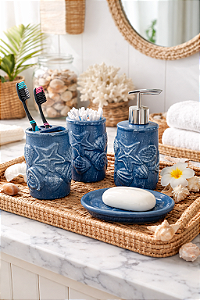 Kit de Banheiro de Cerâmica 4 Peças Conchas Azul Marinho Porta Sabonete Líquido /Saboneteira/Porta Escova/Porta algodão