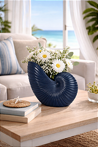 Vaso Decorativo Concha Azul Escuro em Cerâmica