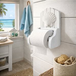 Porta Papel Higiênico Branco com Concha Decoração Náutica