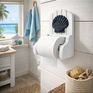 Porta Papel Higiênico Branco com Concha Azul Marinho Decoração Náutica