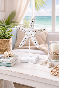 Enfeite Pedestal Estrela do Mar Rústica Branca em Madeira 27x18x9