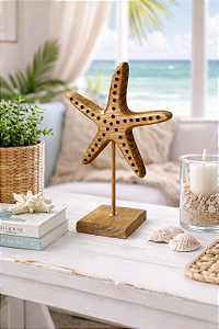Enfeite Pedestal Estrela do Mar Rústica Marrom em Madeira 27x18x9