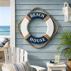 Enfeite Bóia Beach House de Parede em Madeira com Texto em Branco