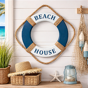Enfeite Bóia Beach House de Parede em Madeira com Texto em Azul