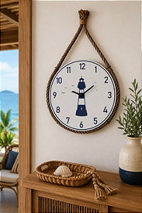 Relógio Náutico Branco Farol em Madeira com Corda