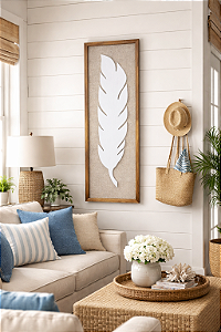 Quadro Folha Branco com Linho 100x35cm Decoração de parede