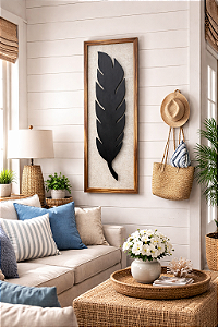 Quadro Folha Preto com Linho 100x35cm Decoração de parede