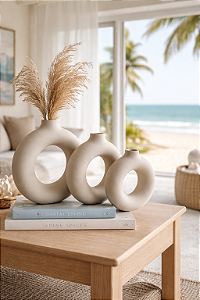 Conjunto com Três Vasos Decorativos Redondos Boho em Cerâmica Off-White