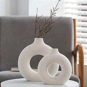 Conjunto Dois Vasos Decorativos Redondos Boho em Cerâmica Off-white