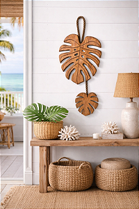 Decoração Folhas em Madeira Costela de Adão com Corda