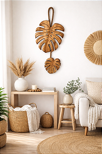 Decoração Folhas em Madeira Costela de Adão com Corda