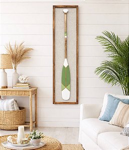 Quadro em Linho com Remo Branco, Verde Claro e Verde Musgo em Madeira 140x35