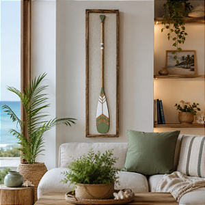 Quadro em Linho com Remo Branco e Verde Musgo em Madeira 140x35