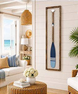 Quadro em Linho com Remo Azul com Listras Brancas em Madeira 140x35