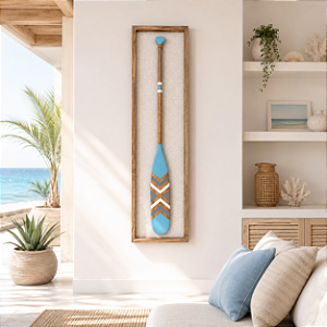 Quadro em Linho com Remo Azul Claro, Azul Escuro e Branco em Madeira 140x35