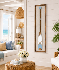 Quadro em Linho com Remo Azul Claro e Branco em Madeira 140x35