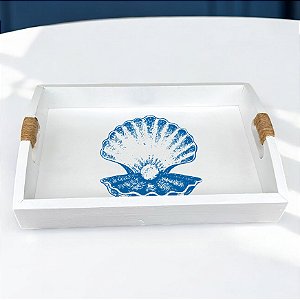 Bandeja Branca Concha Pérola em Madeira 35x25 cm Decoração Náutica Praia