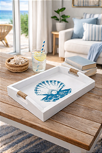 Bandeja Branca Concha Pérola em Madeira 35x25 cm Decoração Náutica Praia
