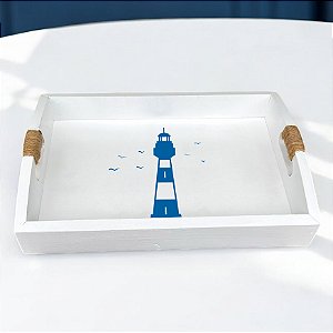 Bandeja Branca Farol em Madeira 35x25 cm Decoração Náutica Praia