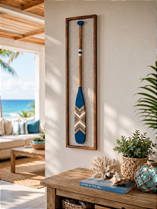 Quadro em Linho com Remo Azul e Branco em Madeira 140x35