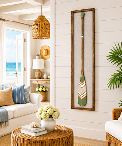 Quadro em Linho com Remo Verde, Bege e Branco em Madeira 140x35