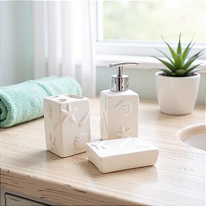 Kit de Banheiro 3 Peças Náutico Branco Conchas em Cerâmica