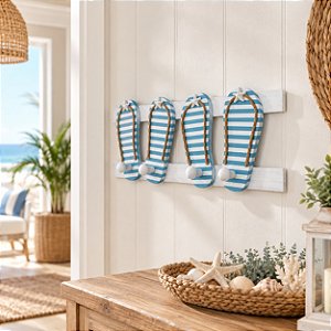 Porta Chaves Cabideiro Chinelinho Azul Claro 40 cm Decoração de Praia em madeira