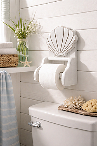 Porta Papel Higiênico Branco com Concha em Madeira